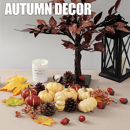 Pumpkin Decor Set, 23 PCS Fall Harvest Decorations Including Mini Pumpkins, Acorns, Pinecones, Berries, Maple Leaves