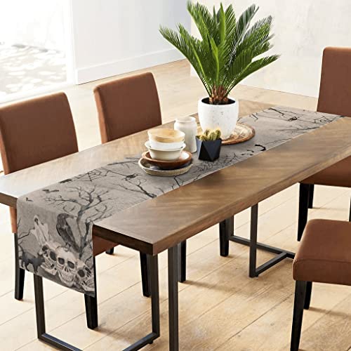 Halloween Table Runner , Vintage Cool Skull Black Cat Dresser Cover Gray Black Skeleton Burlap Day of Dead