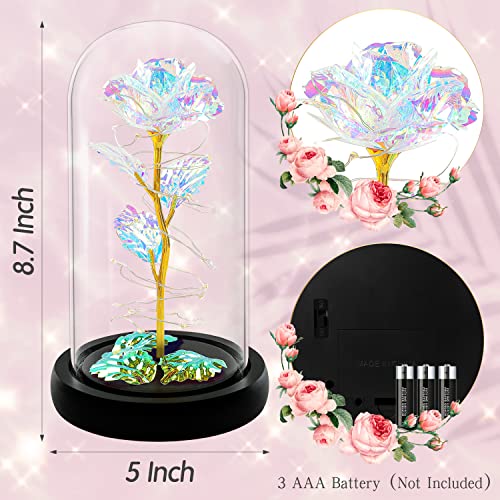 Rotating Romantic Roses Light Up Rose in Glass Dome, Spinning Colorful Artificial Rose Flower Gifts for Her