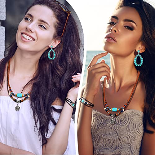 Women Bohemian Necklace, Braided Leather Wristbands Bracelets & Earring Set