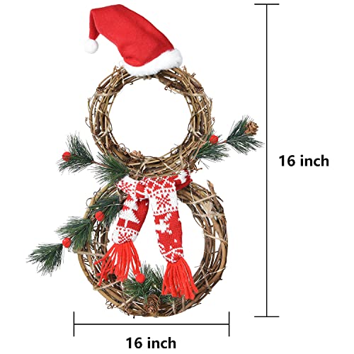 16 x 8 Inch Lighted Christmas Wreath Decoration, Grapevine Wreath with Hat and Scarf Snowman Shape Wreath