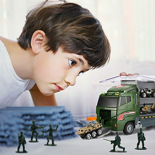 26 Pcs Military Truck w/ Soldier Men Set(2 in 1), Mini Die-cast Battle Car in Carrier Truck, Army Toy