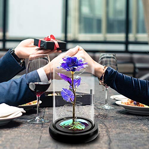 Rotating Romantic Roses Light Up Rose in Glass Dome, Spinning Colorful Artificial Rose Flower Gifts for Her