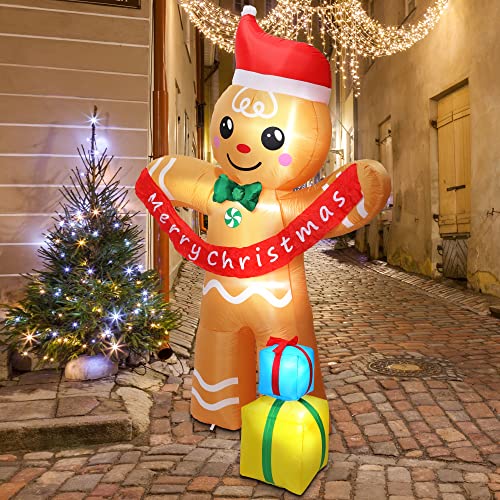 Christmas Inflatables Gingerbread Man with Gift Boxes, LED Inflatable Decoration for Outdoor Indoor Holiday