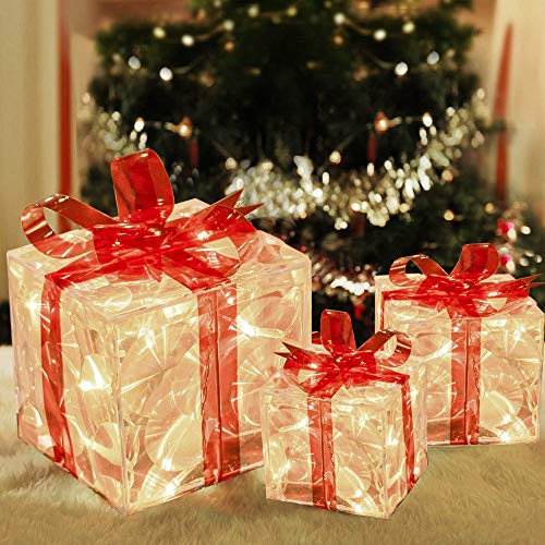 Set of 3 Christmas 60 LED Lighted Presents Boxs with Red Bows, Transparent Warm White Lighted