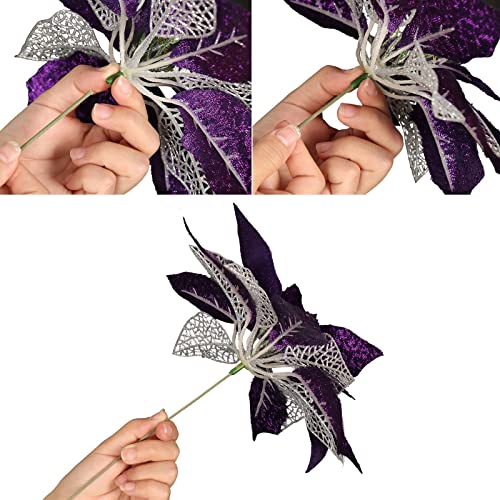 12Pcs Poinsettia Flowers Glitter Christmas Ornaments