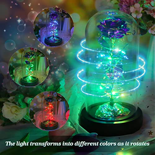 Rotating Romantic Roses Light Up Rose in Glass Dome, Spinning Colorful Artificial Rose Flower Gifts for Her