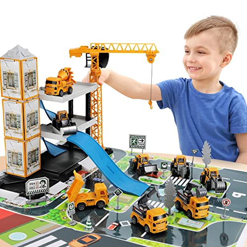 60PCS Kids Engineering Trucks Vehicle w/ Tractor, Crane, Dump, Excavator & Map