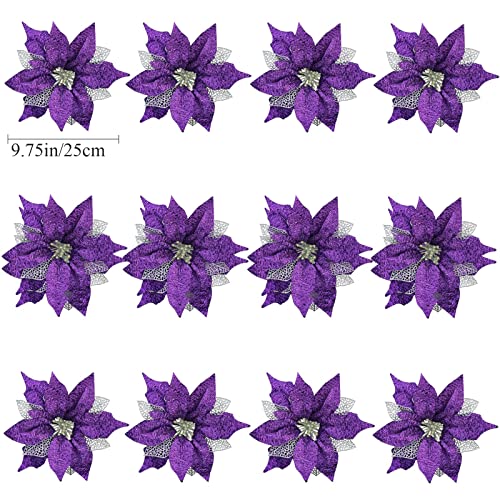 12Pcs Poinsettia Flowers Glitter Christmas Ornaments