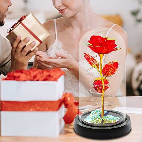 Rotating Romantic Roses Light Up Rose in Glass Dome, Spinning Colorful Artificial Rose Flower Gifts for Her