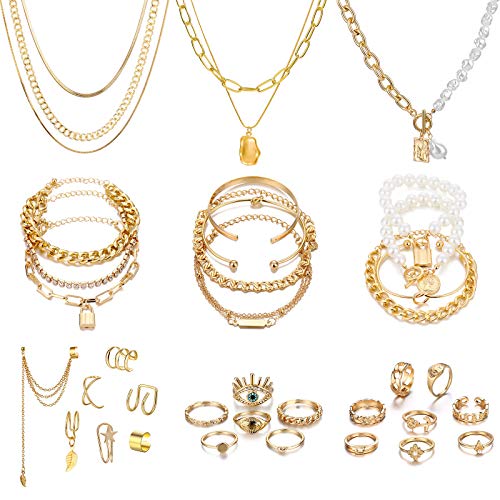 36 PCS Gold Plated Jewelry Set w/ 4 PCS Necklace, 11 PCS Bracelet, 7 PCS Ear Cuffs Earring, 14 Pcs Knuckle Rings for Women