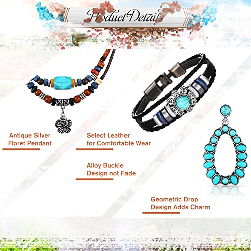 Women Bohemian Necklace, Braided Leather Wristbands Bracelets & Earring Set