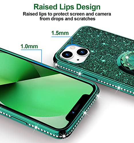 Phone Case for iPhone 13, Glitter Protective Case w/ 360 Degree Ring Stand