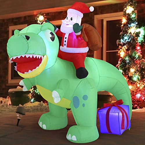 6 FT Long Santa Ride on Dinosaur Inflatable w/ Build-in LEDs