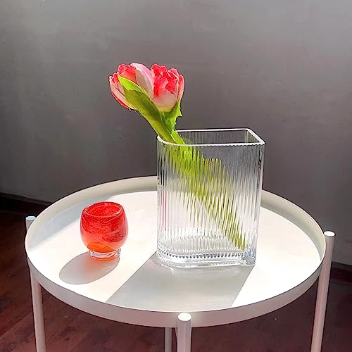 Clear Glass Vases for Centerpieces,Wide Ribbed Flowers Vase Large Wide Mouth Modern Fluted Glass