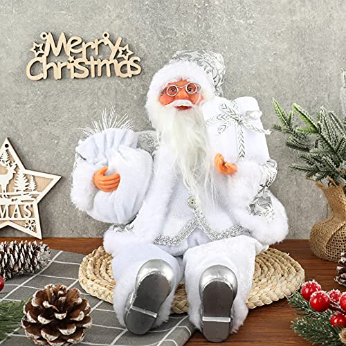 Christmas Sitting Santa Hand Crafted White Silver Coat Santa Claus Figurine