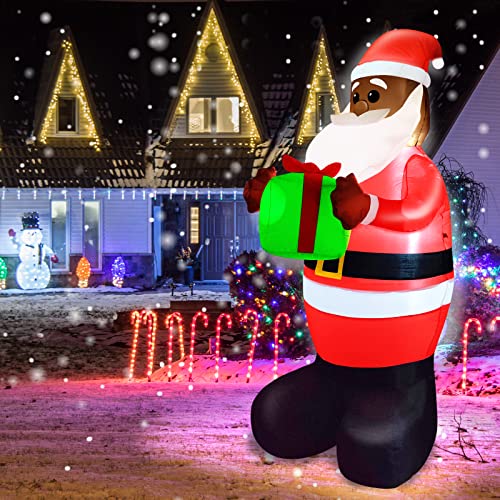 6Ft Tall Christmas  Inflatables Black Santa Claus Hold Gift Box w/ LED Lights