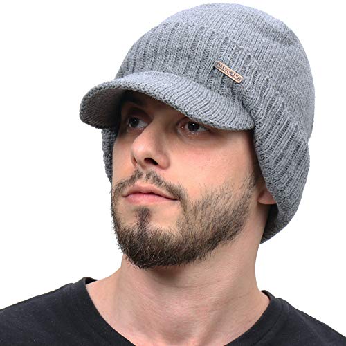 Mens Winter Beanie Visor w/ Earfaps & Fleece Hat Scarf Set