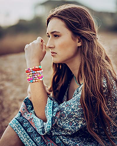 Colorful Beaded Stretchable Rainbow Heishi Stackable Bracelet Set