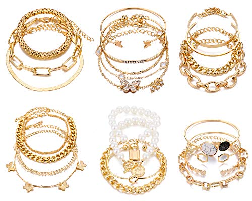 (24 PCS) Boho 14k Gold Plated Chain Bracelets Set for Women