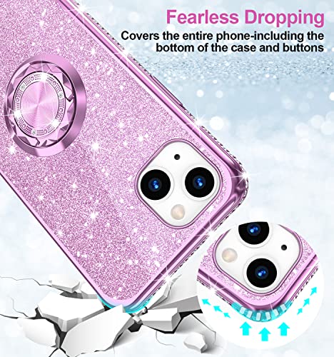 Phone Case for iPhone 13, Glitter Protective Case w/ 360 Degree Ring Stand