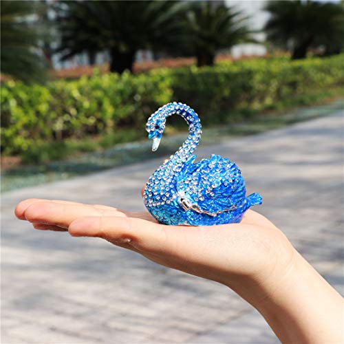 Blue Diamond Swan Trinket Box Hinged Hand-painted Figurine Collectible Ring Holder