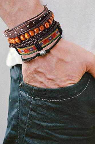 18Pcs Leather Chakra Bead Tribal Bracelet for Men/Women