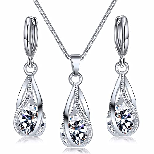 Silver Jewelry Sets for women  Crystal Bridal Accessories Necklace Earrings