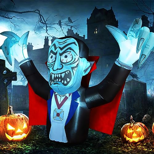 Halloween Inflatables Outdoor Decorations Vampire with Red Cloak, Blow Up Yard Decoration with Build-in LED Lights