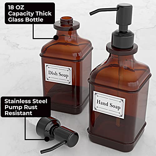 2 Pack Dispensers w/18 Oz Antique Design Thick Amber Glass Bottle,Rust Proof Stainless Pump w/ 6 Stickers