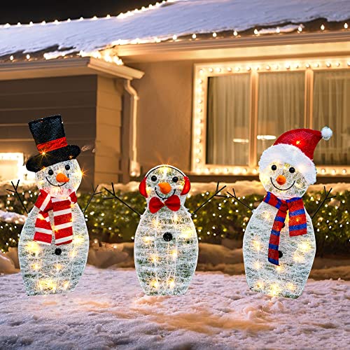 Christmas Decoration 55 L Lighted Snowman Family Outdoor, 3-Piece Waterproof Plug in 2D Snowman for Yard