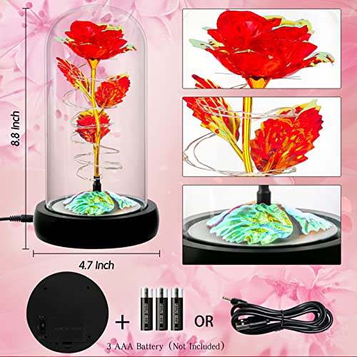 Rotating Romantic Roses Light Up Rose in Glass Dome, Spinning Colorful Artificial Rose Flower Gifts for Her