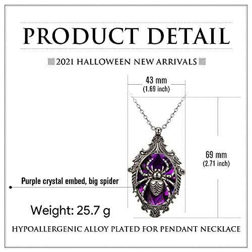 Halloween Costumes Jewelry For Women, Gothic Retro Purple Glass Stone Oval Pendant Necklace Scary Spider