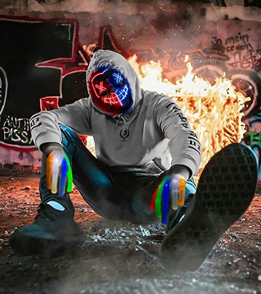 Halloween Mask Skeleton Gloves Set, 3 Modes Light Up Scary LED Mask with LED Glow Gloosture