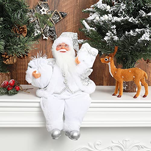 Christmas Sitting Santa Hand Crafted White Silver Coat Santa Claus Figurine