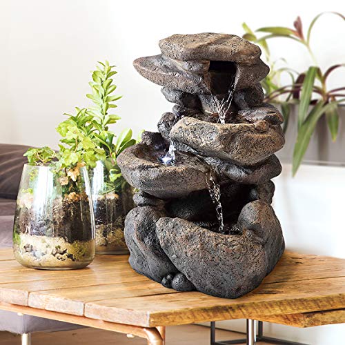 11" Tall Indoor 3-Tier Tabletop Stone Water Fountain w/ LED Lights, Gray