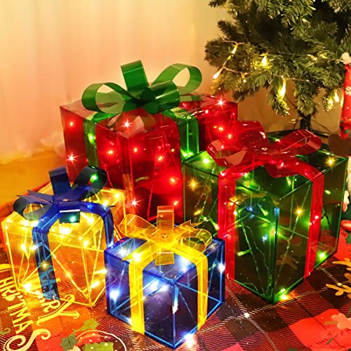 [ Bigger Size 12"-8"-6"-5" ] 4 Pcs 70 LED Lighted Gift Boxes Christmas Decorations