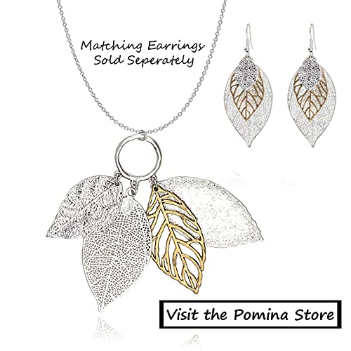 Two Tone Filigree Fall Leaf Pendant Long Necklace for Women