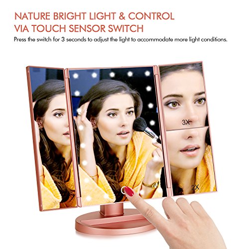 Tri-fold Lighted Vanity Makeup Mirror w/ 3x/2x Magnification, Touch Screen &180 Degree Free Rotation