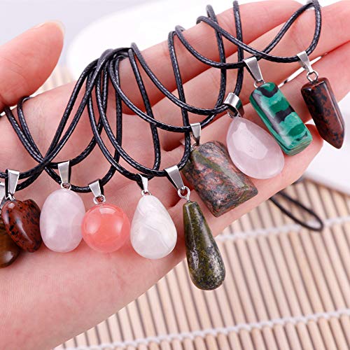 60pcs Natural Stone Pendants Charms Chakra Stone Beads Necklace w/ Leather Cord