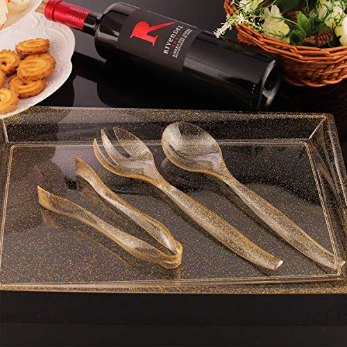 24 Pack Plastic Gold Glitter Serving Tray w/ Disposable Utensils