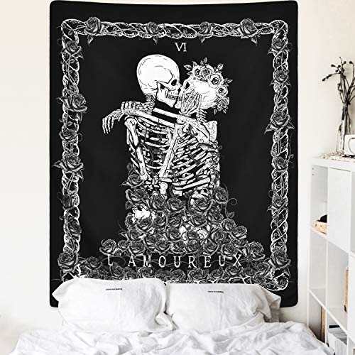 Skull Tapestry Meditation Skeleton , Chakra, Starry Black and White Stars