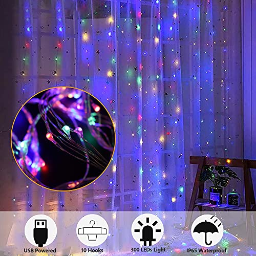 300 LED 8 Lighting Modes Fairy Copper Window Curtain String Lights with Remote