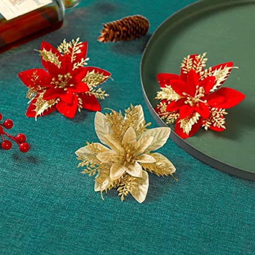 24pcs Poinsettia Artificial Christmas Flowers Decorations w/ Clips & Stem