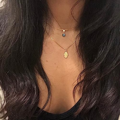 14K Gold Plated Evil Eye Necklace, Layered Necklace Bule Hamsa Eye Necklace Lucky Protection Jewelry Adjustable