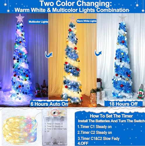 Dual Color Change Lights & Timer - 5 Ft Tinsel Christmas Tree Ball Ornaments Star Pop up Christmas Tree Battery