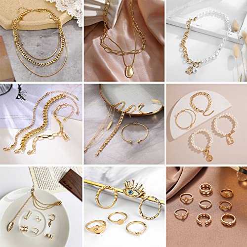 36 PCS Gold Plated Jewelry Set w/ 4 PCS Necklace, 11 PCS Bracelet, 7 PCS Ear Cuffs Earring, 14 Pcs Knuckle Rings for Women