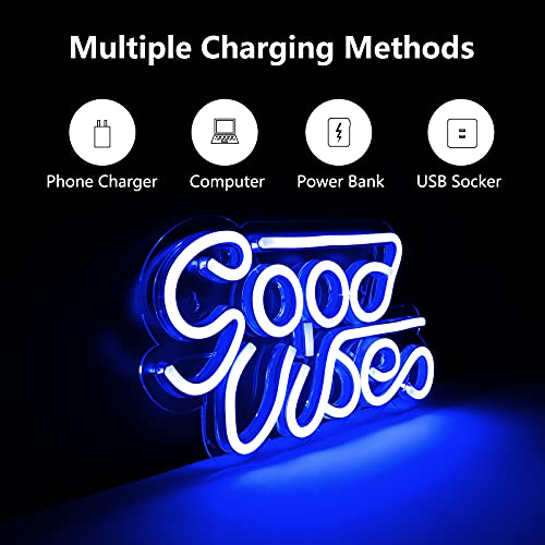 Good Vibes Neon Sign for Wall Decor, Reusable, Powered by USB (White, Pink, Blue)