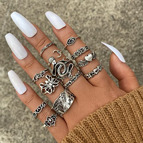 Cool Silver Vintage Gothic Punk Rings Set for Men Girls Women