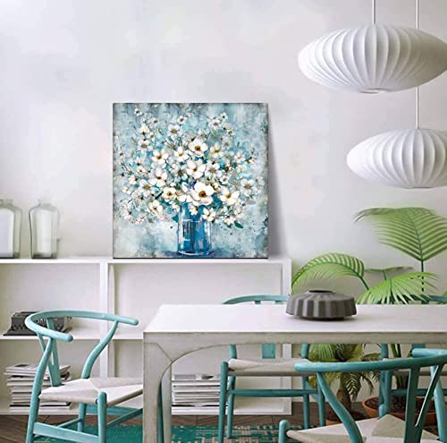 White Flower in Blue Bottle  Wall Art Canvass